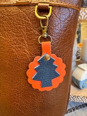Round Christmas Tree Bag Charm Genuine Leather Orange Blue Accessories NEW!